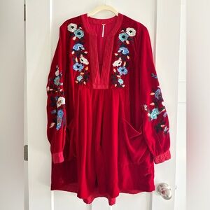 Free People MIA Red Velour Velvet Floral Embroidered Dress